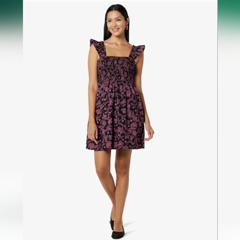 The Drop Purple And Black Kari Ruffled-Shoulder Smocked Mini Dress Size XXL NWT